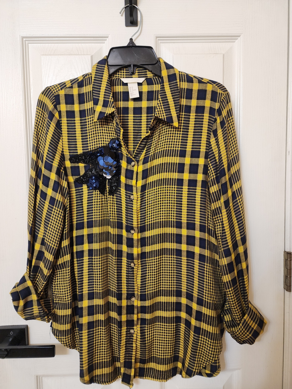 H&M Yellow and Navy Plaid Button-Down Blouse with Sequin Patch